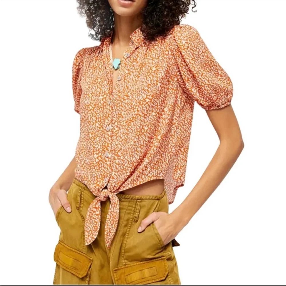 NWT FREE PEOPLE- Celia Printer Short Sleeve Blouse Rust Combo